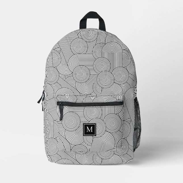 Mid Century Modern Black White Monogrammed Initial Bedruckter Rucksack (Vorderseite)