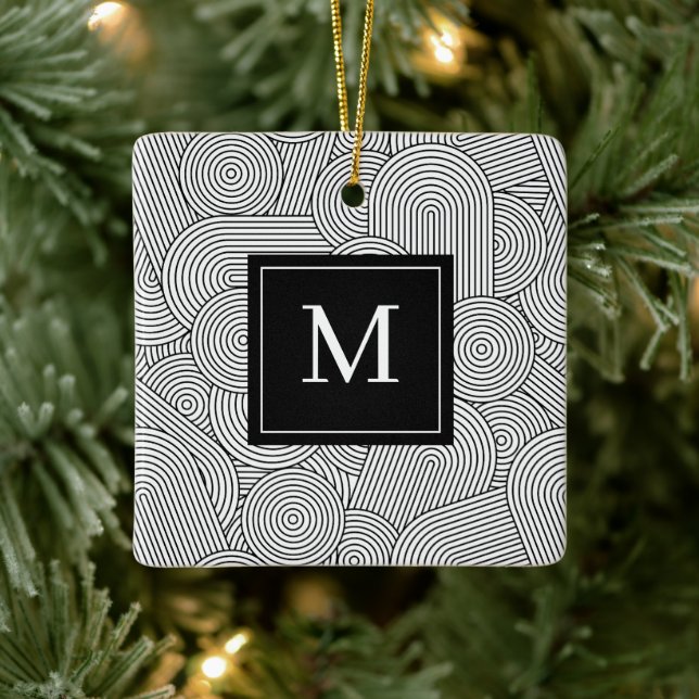 Mid Century Modern Black White Monogrammed Initial Keramikornament (Baum)