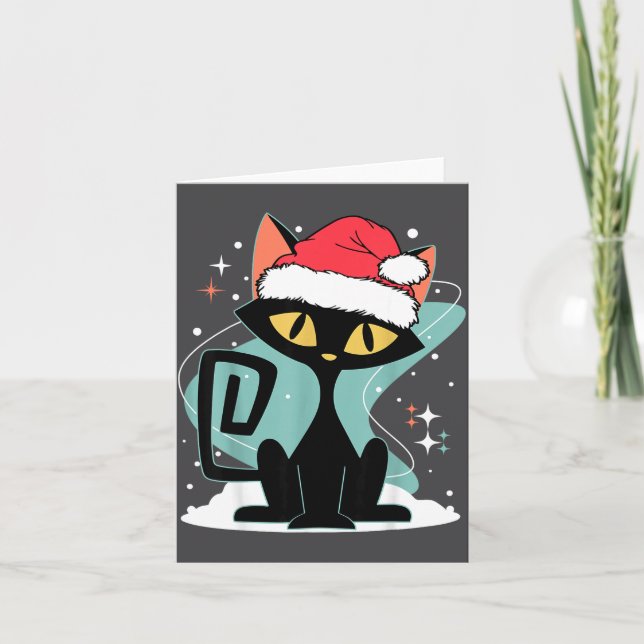 Mid Century Modern Cat Santa Hat Christmas 70s Ret Karte (Vorderseite)