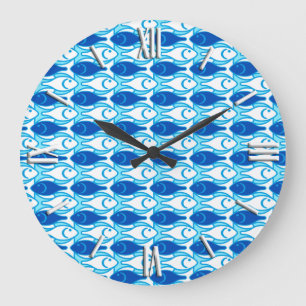 Mid-Century Modern fish, cobalt blue Große Wanduhr