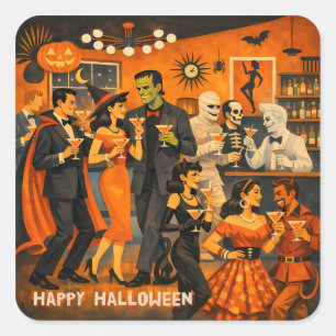 Mid Century Modern Halloween Martini-Party Quadratischer Aufkleber