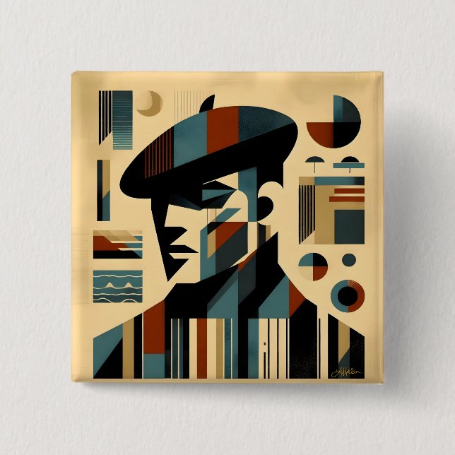 Mid-Century-Modern-Kunst Mann mit Barett Button (Vorderseite)