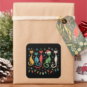 Mid-Century-Modern-Look-Cats Weihnachten Retro 50e Quadratischer Aufkleber
