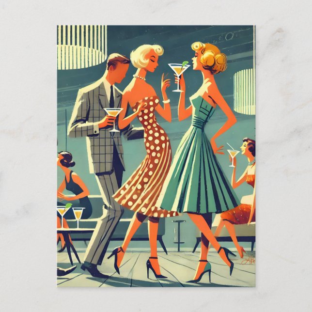 Mid Century Modern Martini Dance Cocktail Party Postkarte (Vorderseite)