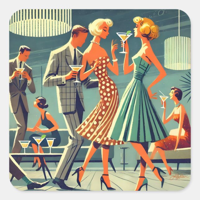 Mid Century Modern Martini Dance Cocktail Party Quadratischer Aufkleber (Vorderseite)