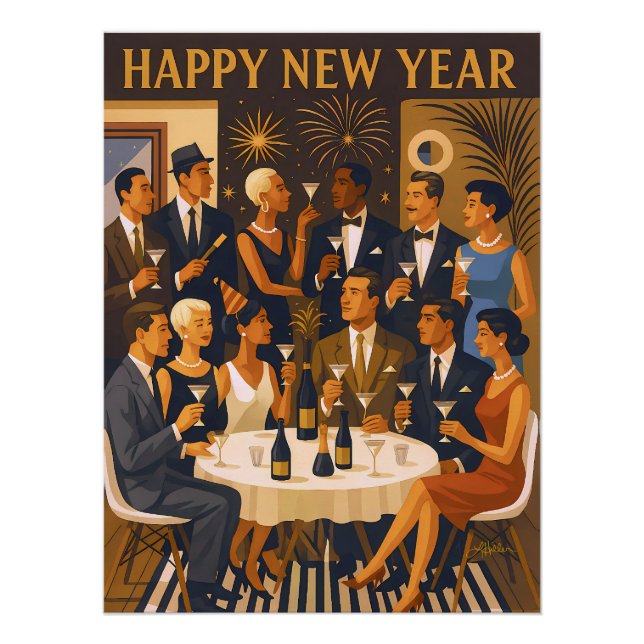 Mid Century Modern Martini Intellectuals New Year Poster (Vorderseite)