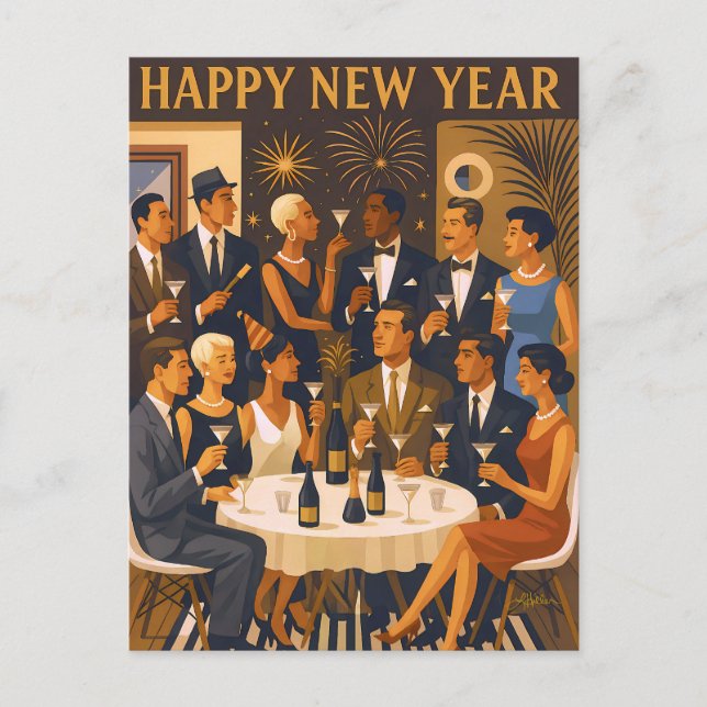 Mid Century Modern Martini Intellectuals New Year Postkarte (Vorderseite)