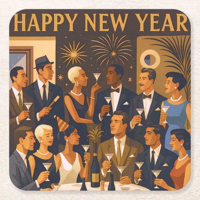 Mid Century Modern Martini Intellectuals New Year Rechteckiger Pappuntersetzer (Vorderseite)