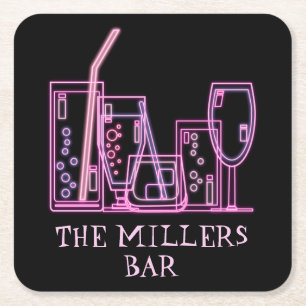 Mid Century Modern Neon Cocktailbar Name Rechteckiger Pappuntersetzer