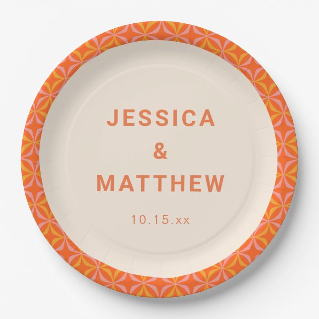 Mid-Century-Modern-Orange geometrische Hochzeit na Pappteller (Vorderseite)