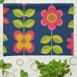 Mid Century Modern rote Blumen mit Blättern Geschirrtuch
