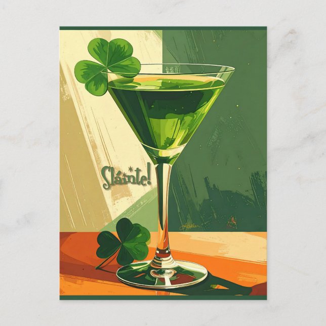 Mid Century Modern Shamrock Martini Sláinte!  Postkarte (Vorderseite)