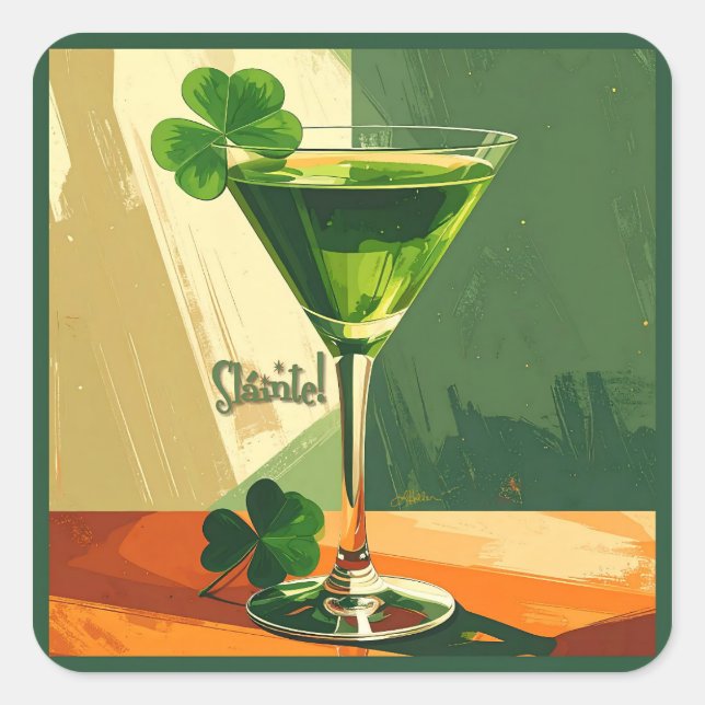 Mid Century Modern Shamrock Martini Sláinte!  Quadratischer Aufkleber (Vorderseite)
