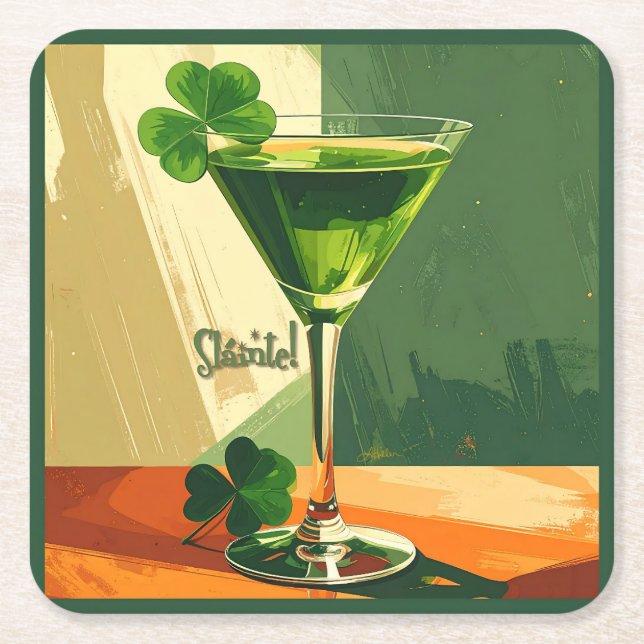 Mid Century Modern Shamrock Martini Sláinte!  Rechteckiger Pappuntersetzer (Vorderseite)