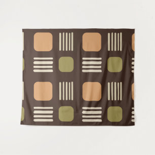 Mid-Century Modern Squares Lines Dark Brown Wandteppich