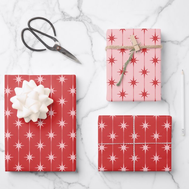 Mid Century Modern Stars and Dots Atomic Pattern Geschenkpapier Set (Vorderseite)