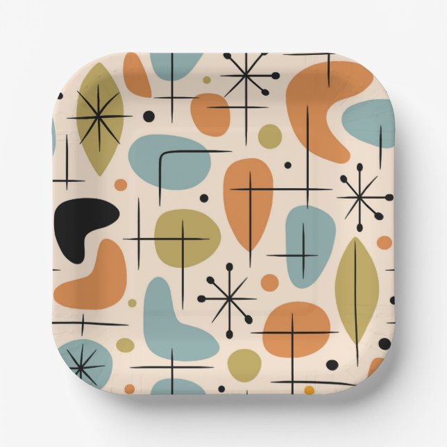 Mid Century Modern Sternenexplosion Muster Pappteller (Vorderseite)