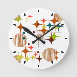 Mid Century Modern Sternenexplosionen und Globusse Runde Wanduhr