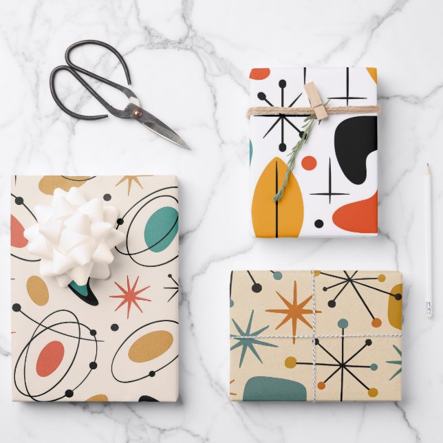 Mid-Century-Modern-Sternenmuster Geschenkpapier Set (Vorderseite)