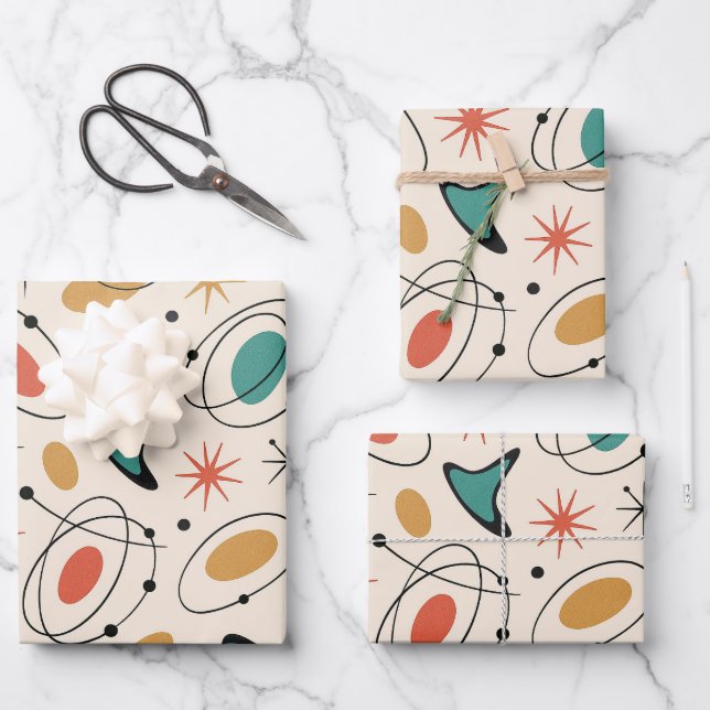 Mid-Century-Modern-Sternenmuster-Wrap-Papier Geschenkpapier Set (Vorderseite)