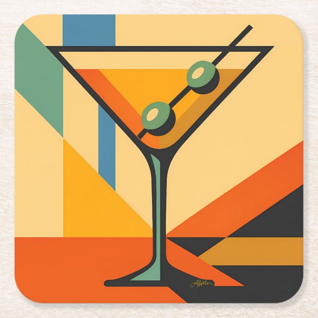 Mid Century Modern Sunrise Bauhaus Martini Rechteckiger Pappuntersetzer (Vorderseite)