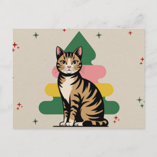 Mid Century Modern Weihnachtskatze mit Pastellbaum Feiertagspostkarte