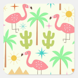 Mid Century Palm Springs Flamingo mit Bäumen Quadratischer Aufkleber