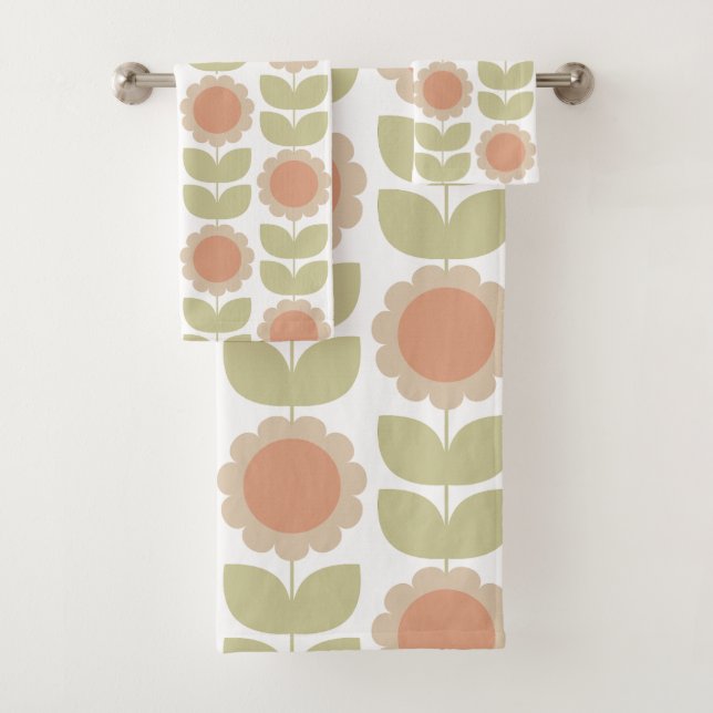  Mid-Century Pastel Pink Retro Floral Pattern Badhandtuch Set (Insitu)
