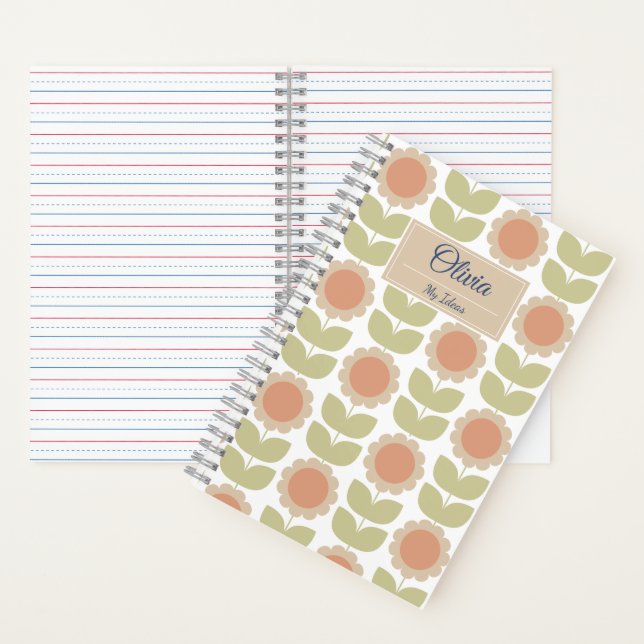  Mid-Century Pastel Pink Retro Floral Pattern Notizbuch (Innen)