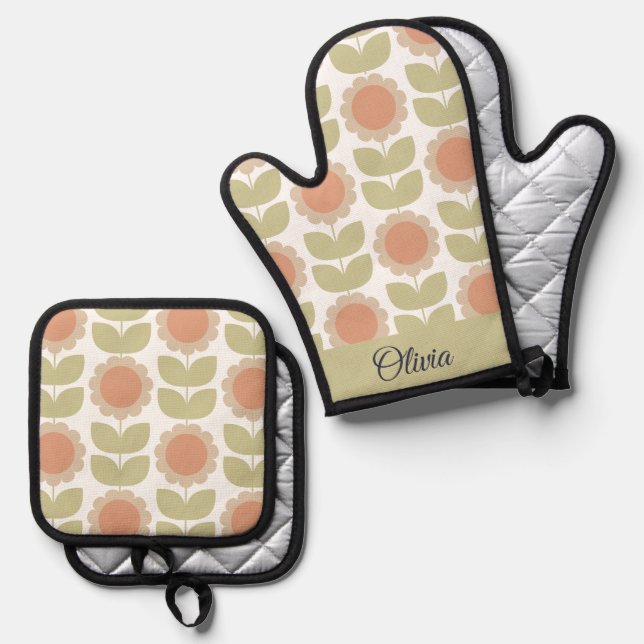  Mid-Century Pastel Pink Retro Floral Pattern Ofenhandschuh & Topflappen-Set (Vorderseite/Rückseite)
