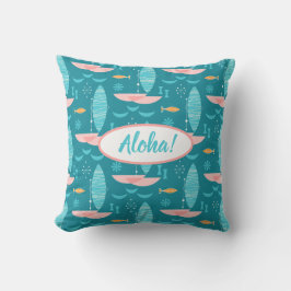 Mid Century Pink Catamaran - Blue Background Kissen