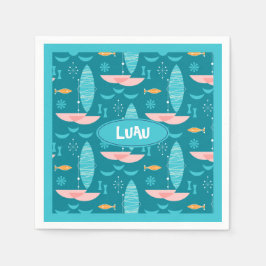 Mid Century Pink Catamaran - Blue Background Serviette