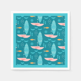 Mid Century Pink Catamaran - Blue Background Serviette