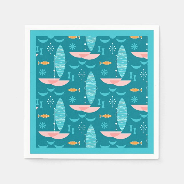 Mid Century Pink Catamaran - Blue Background Serviette (Vorderseite)