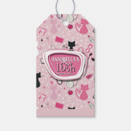 Mid Century Pink Heart Cats Birthday Geschenkanhänger