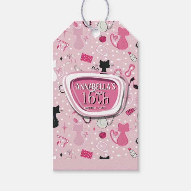 Mid Century Pink Heart Cats Birthday Geschenkanhänger (Vorderseite)