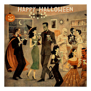 Mid Century Retro 40er Halloween Martini-Party Poster