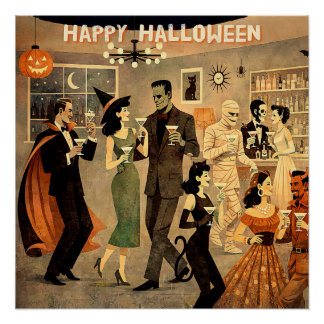 Mid Century Retro 40er Halloween Martini-Party Poster