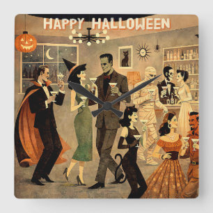 Mid Century Retro 40er Halloween Martini-Party Quadratische Wanduhr