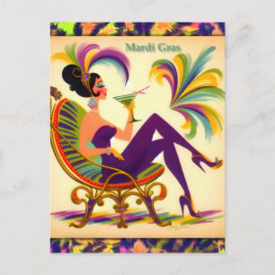 Mid Century Retro 60er Mardi Gras Martini Frau Postkarte