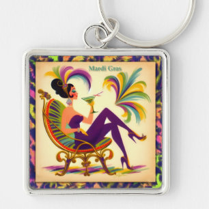 Mid Century Retro 60er Mardi Gras Martini Frau Schlüsselanhänger