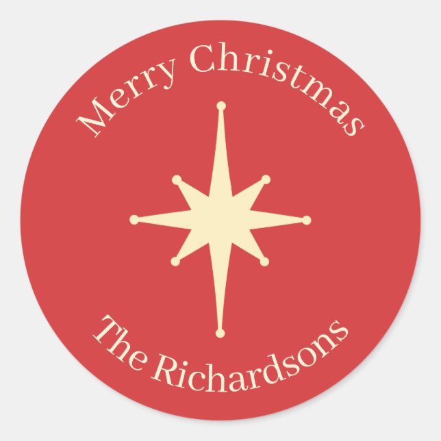 Mid Century Retro Christmas Star Personalisiert Runder Aufkleber (Vorderseite)