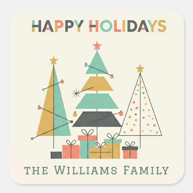 Mid-Century Retro Christmas Trees Quadratischer Aufkleber (Vorderseite)
