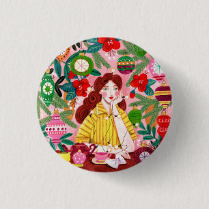 Mid Century Retro Frau Weihnachtsfeiertag Button