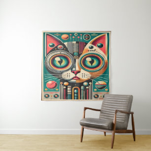 Mid Century Retro Futuristische Schaltkatze Wandteppich