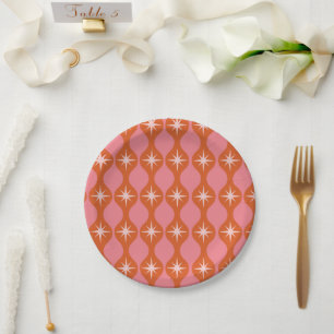 Mid Century Retro Starbursts auf Orange Pink Ogee Pappteller