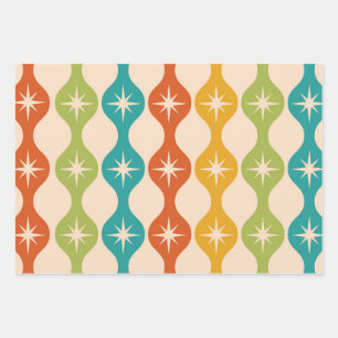 Mid Century Retro Starbursts im Ogee-Muster   Geschenkpapier Set