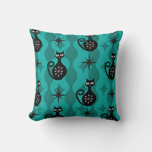 Mid Century Schwarze Atomkatzen auf Teal Ogee  Kissen