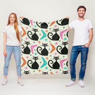 Mid-Century Schwarze Atomkatzen und Bumerangs  Fleecedecke