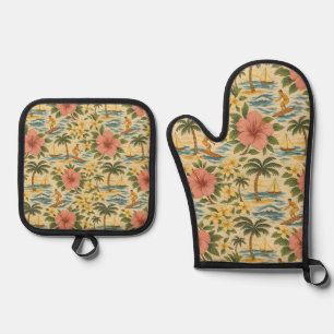 Mid-Century-Shirt mit verblasstem hawaiianischem D Ofenhandschuh & Topflappen-Set